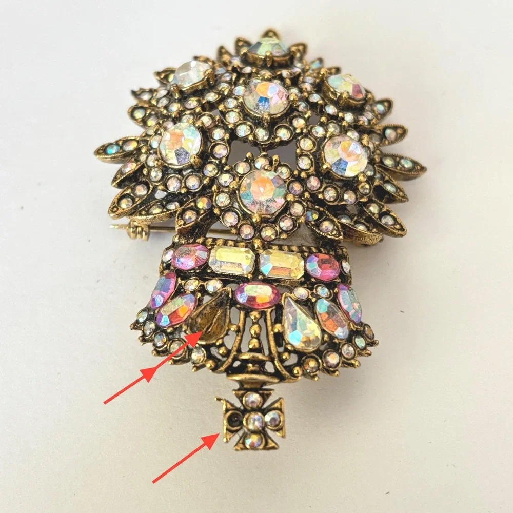 Vtg R Serbin Brooch Crown Royal Crest Gold Tone Rhinestone Aurora Borealis *Read